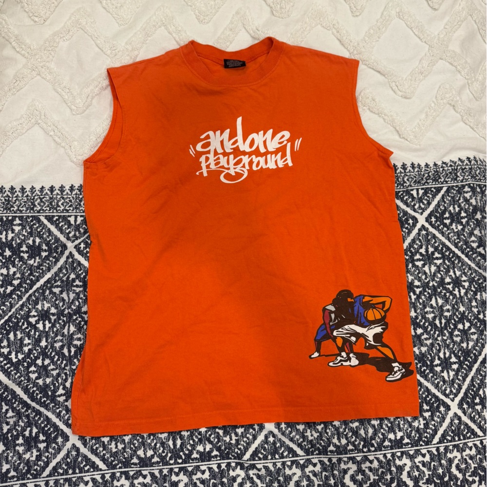 And1 And One Playground Y2K Orange Graphic Muscle Tee Tank Top Cotton XL